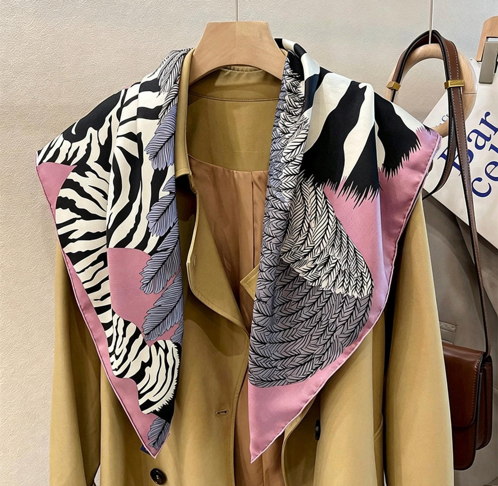 100% Mulberry Silk Scarf 35"x35" 90x90cm, Quiet Luxury Pink Zebra Silk Twill Square Scarf, Old Money Aesthetic Chic Bandana Shawl Gift