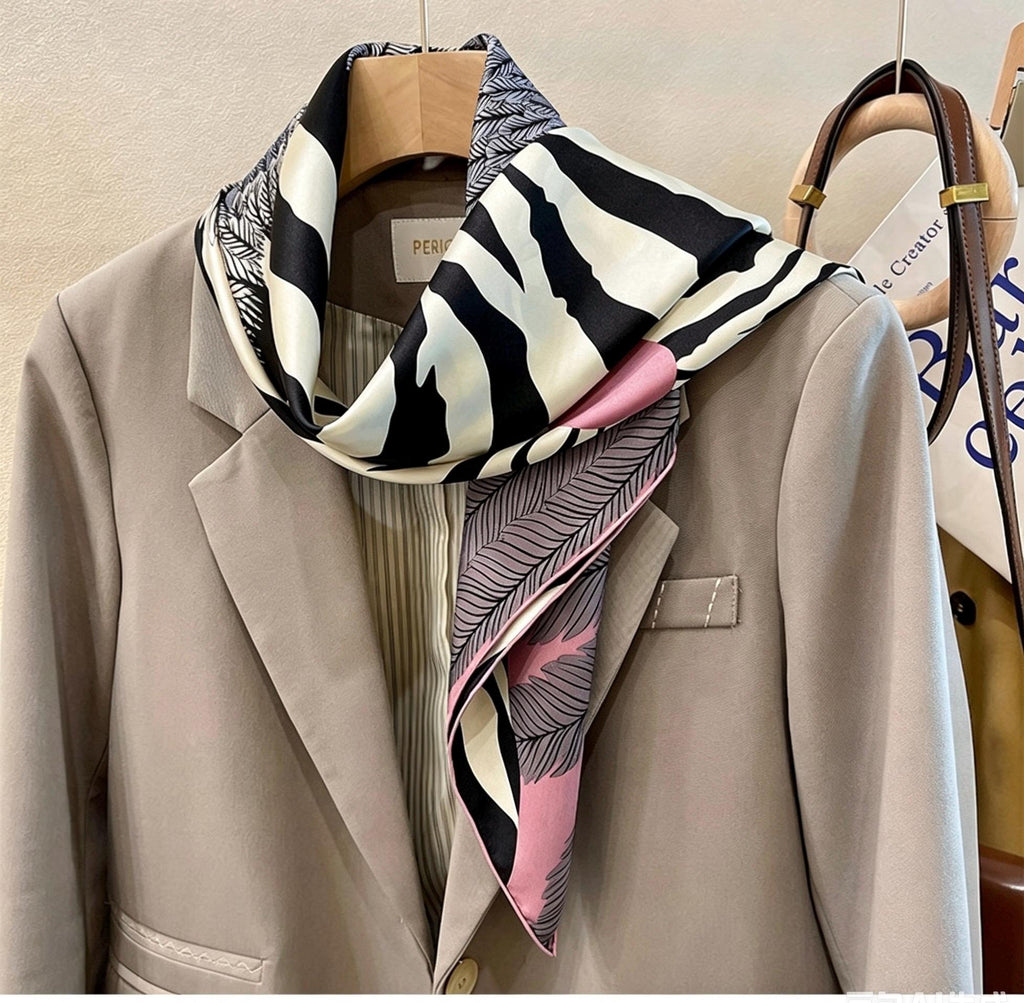 100% Mulberry Silk Scarf 35"x35" 90x90cm, Quiet Luxury Pink Zebra Silk Twill Square Scarf, Old Money Aesthetic Chic Bandana Shawl Gift