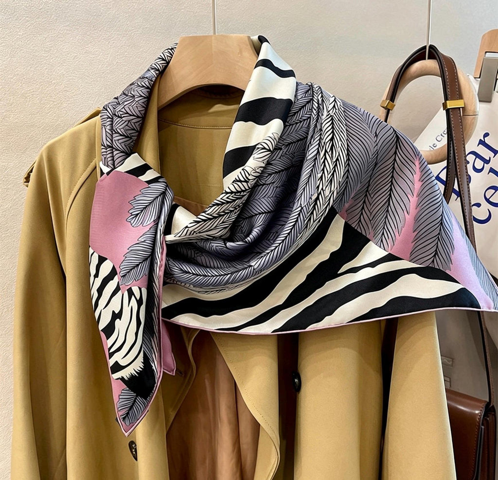 100% Mulberry Silk Scarf 35"x35" 90x90cm, Quiet Luxury Pink Zebra Silk Twill Square Scarf, Old Money Aesthetic Chic Bandana Shawl Gift