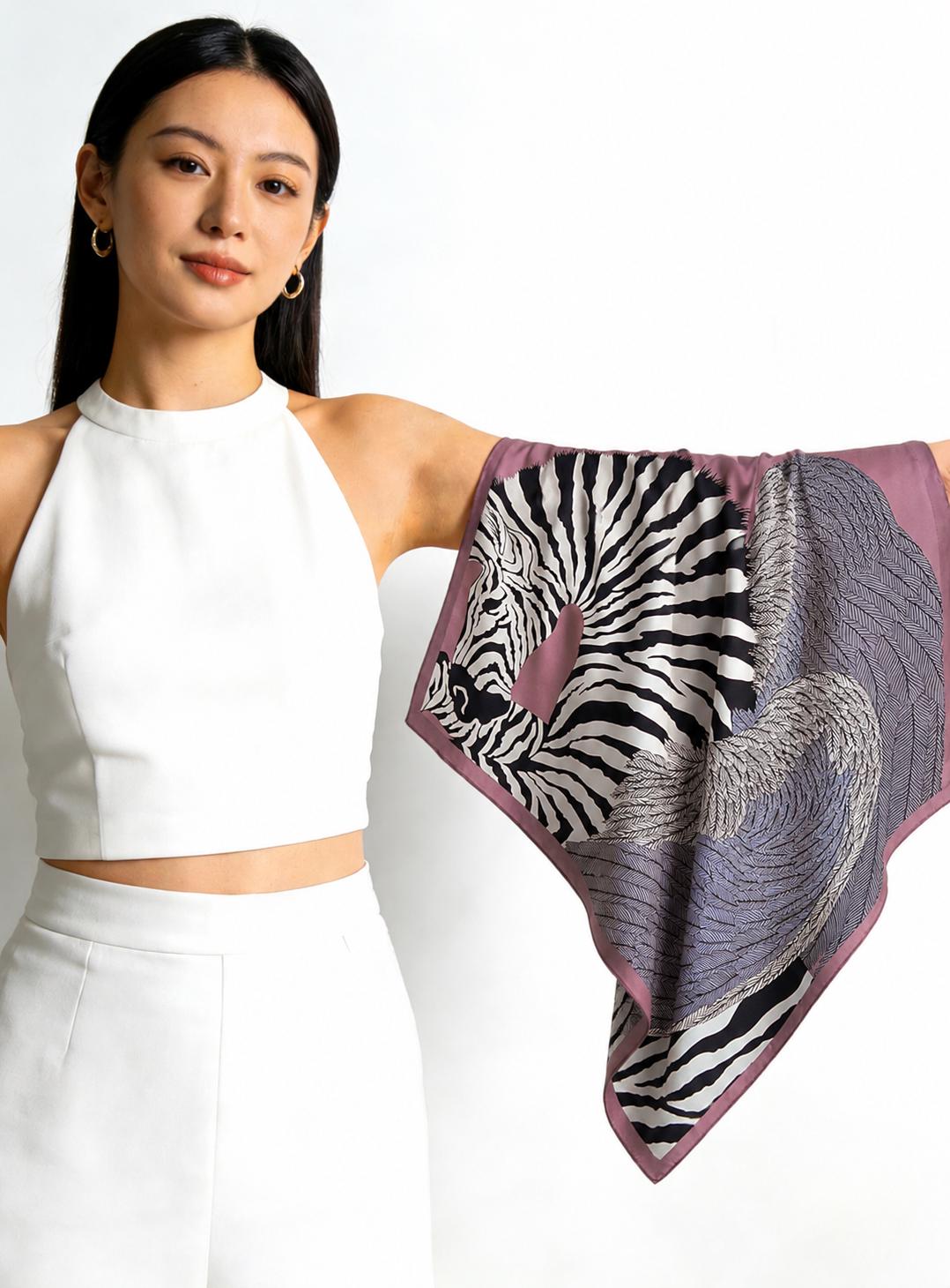 100% Mulberry Silk Scarf 35"x35" 90x90cm, Quiet Luxury Pink Zebra Silk Twill Square Scarf, Old Money Aesthetic Chic Bandana Shawl Gift
