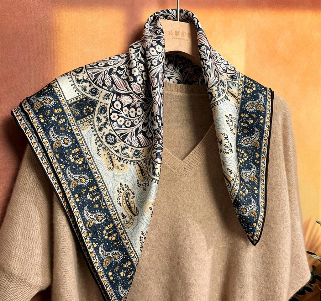 100% Mulberry Silk Scarf 26”x26” 35"x35" | Classic Paisley Square Headscarf, Elegant Vintage Neckerchief, Quiet Luxury Silk Shawl Gift