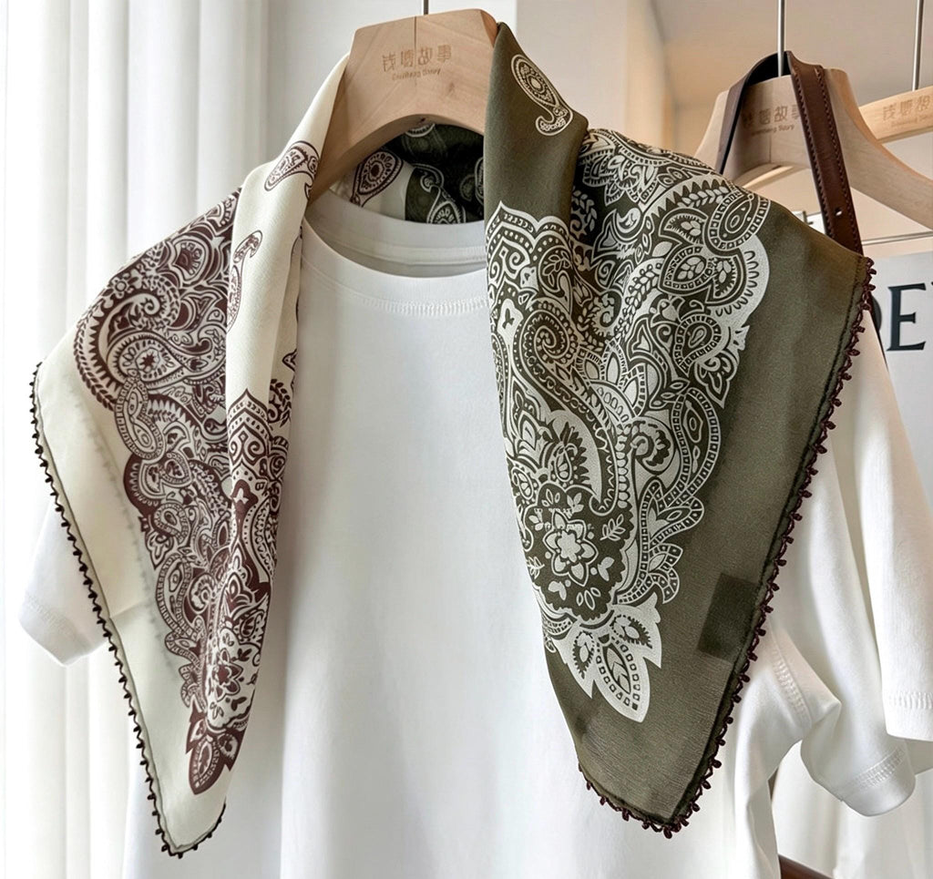 100% Mulberry Silk Scarf 26"x26" 65x65CM, Classic Olive Forest Print Silk Crepe De Chine Square Scarf, Luxury Hair Wrap Neck Scarf Gift