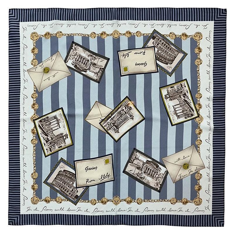 100% Mulberry Silk Scarf 26"x26" 65x65cm, Retro Stamp Dusty Blue Silk Square Scarf Women Crepe de Chine Neck Hair Scarf Chic Summer Bandana