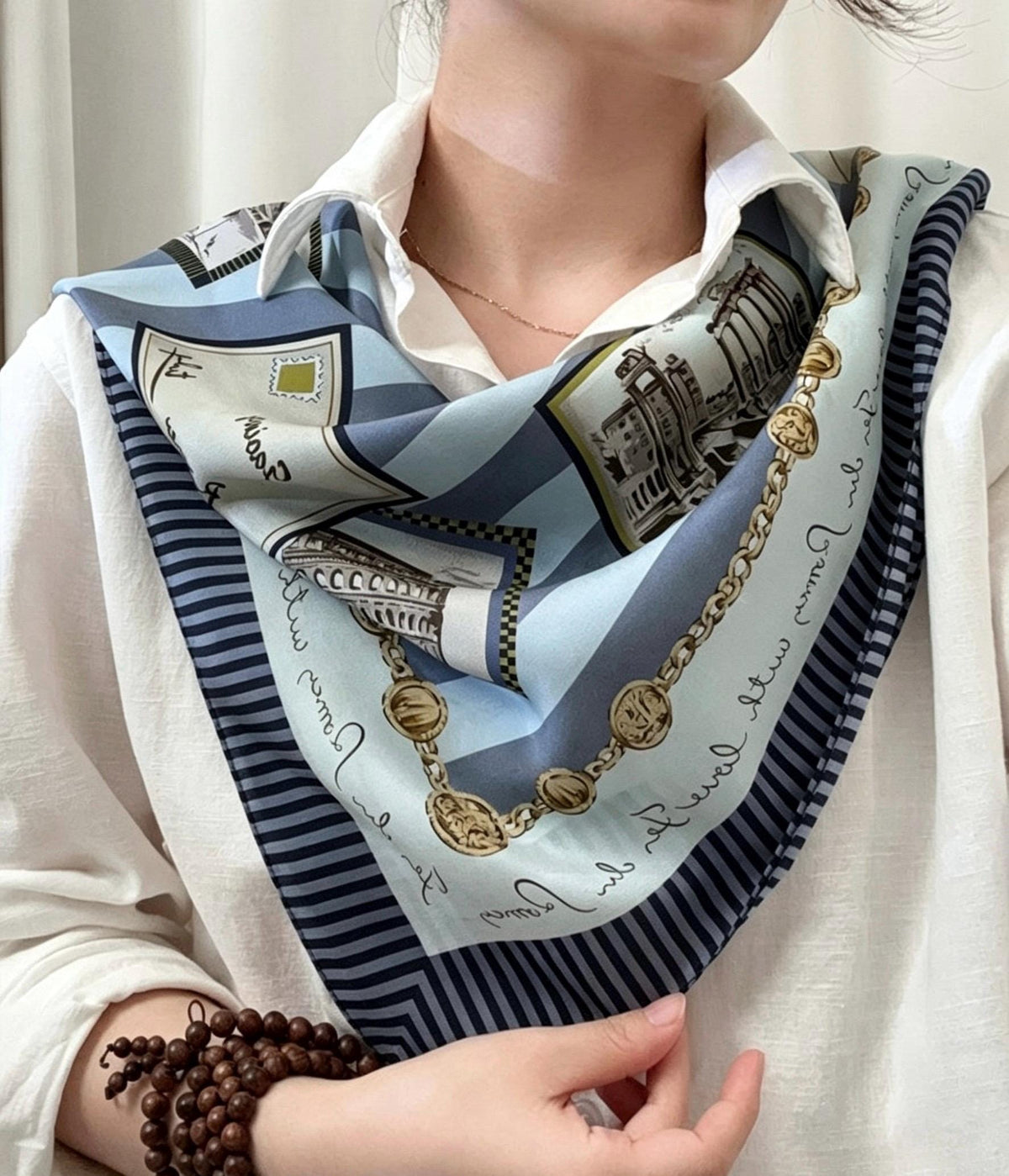 100% Mulberry Silk Scarf 26"x26" 65x65cm, Retro Stamp Dusty Blue Silk Square Scarf Women Crepe de Chine Neck Hair Scarf Chic Summer Bandana