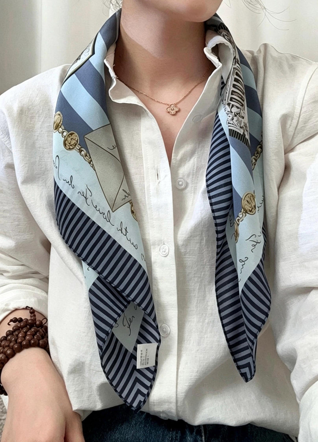 100% Mulberry Silk Scarf 26"x26" 65x65cm, Retro Stamp Dusty Blue Silk Square Scarf Women Crepe de Chine Neck Hair Scarf Chic Summer Bandana