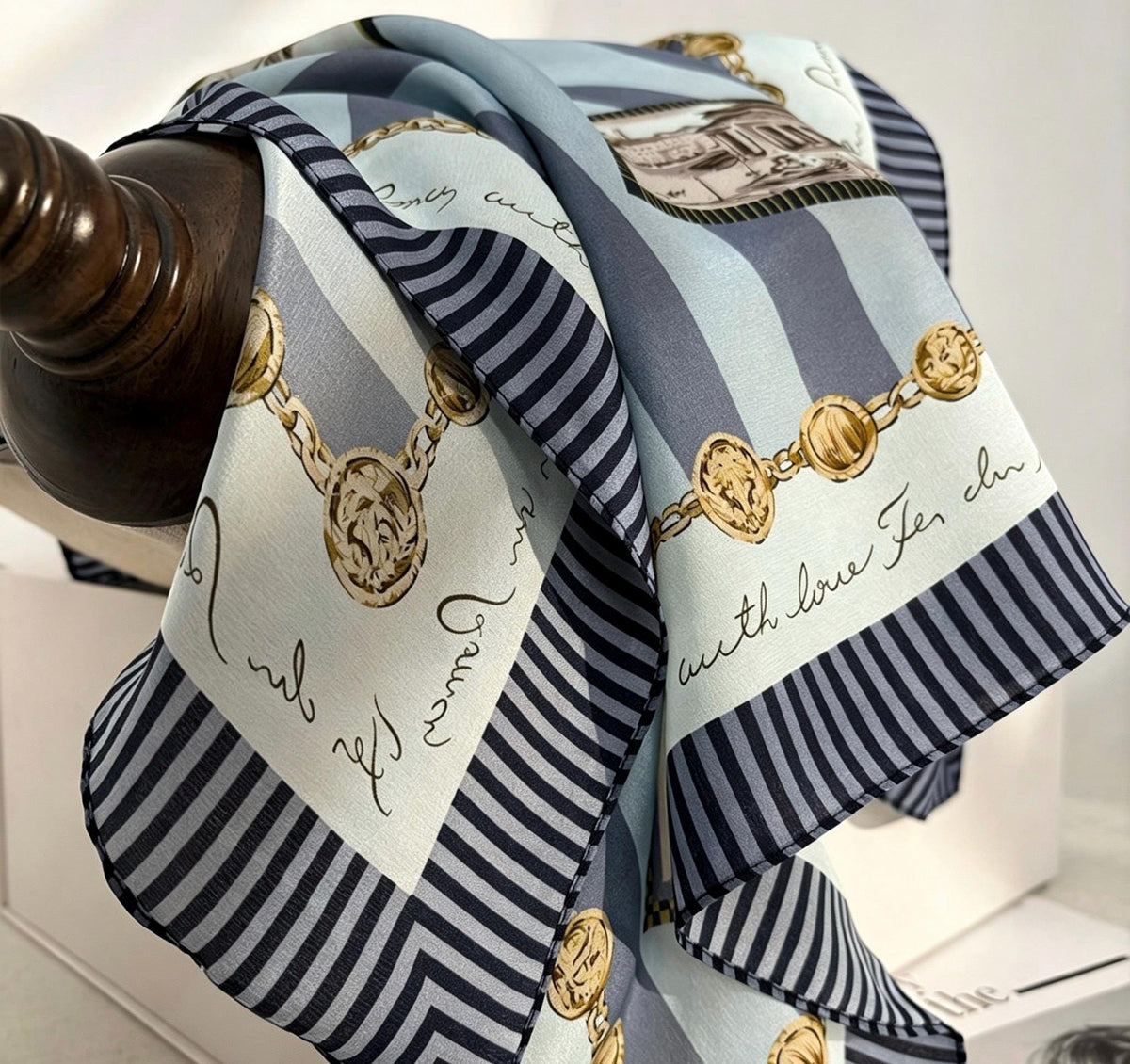 100% Mulberry Silk Scarf 26"x26" 65x65cm, Retro Stamp Dusty Blue Silk Square Scarf Women Crepe de Chine Neck Hair Scarf Chic Summer Bandana