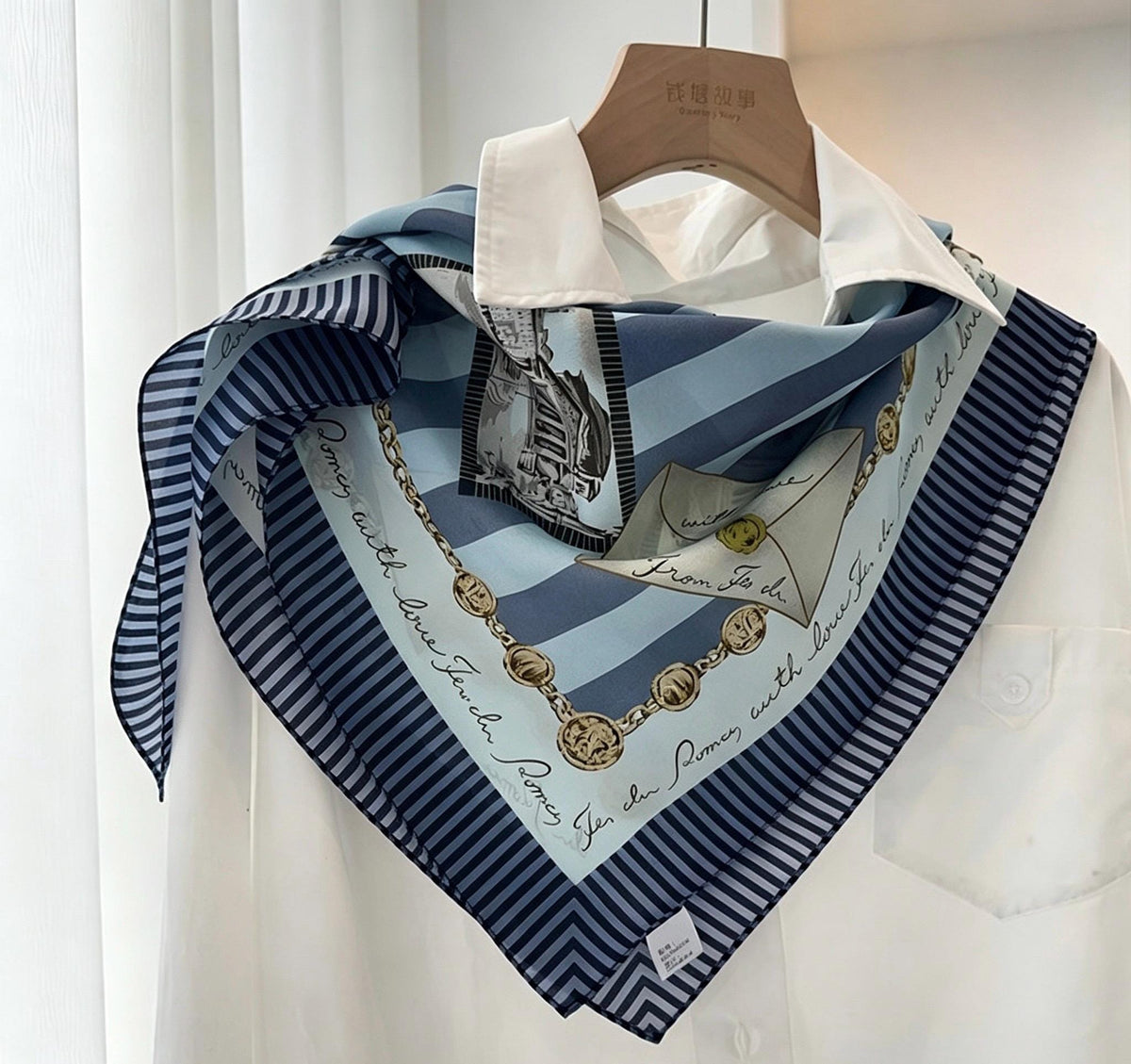 100% Mulberry Silk Scarf 26"x26" 65x65cm, Retro Stamp Dusty Blue Silk Square Scarf Women Crepe de Chine Neck Hair Scarf Chic Summer Bandana