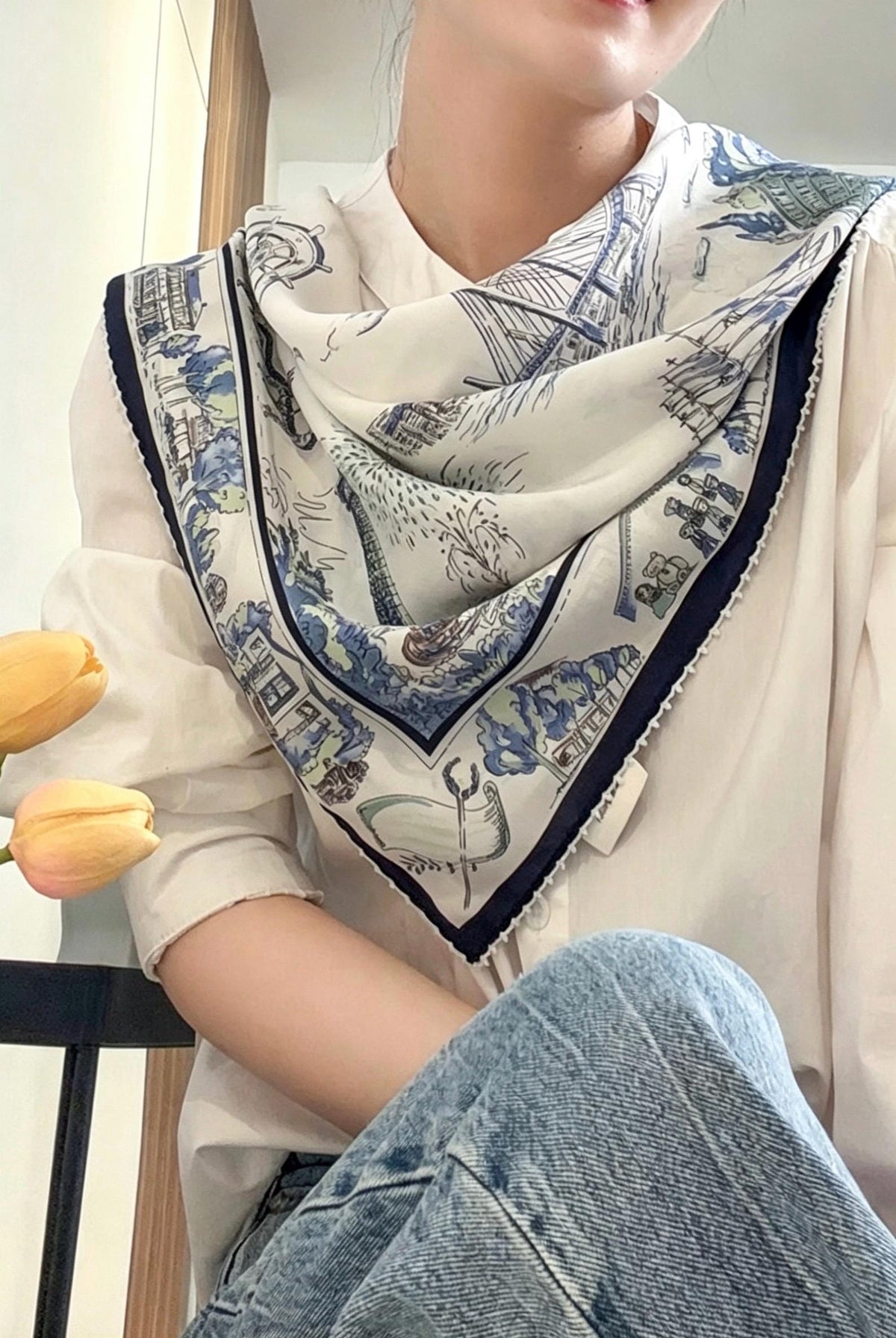 100% Mulberry Silk Scarf 26"x26" 65x65CM, Nautical Logbook Maritime Map Square Scarf, Hand Rolled Edge Crepe de Chine Neck Handkerchief Gift