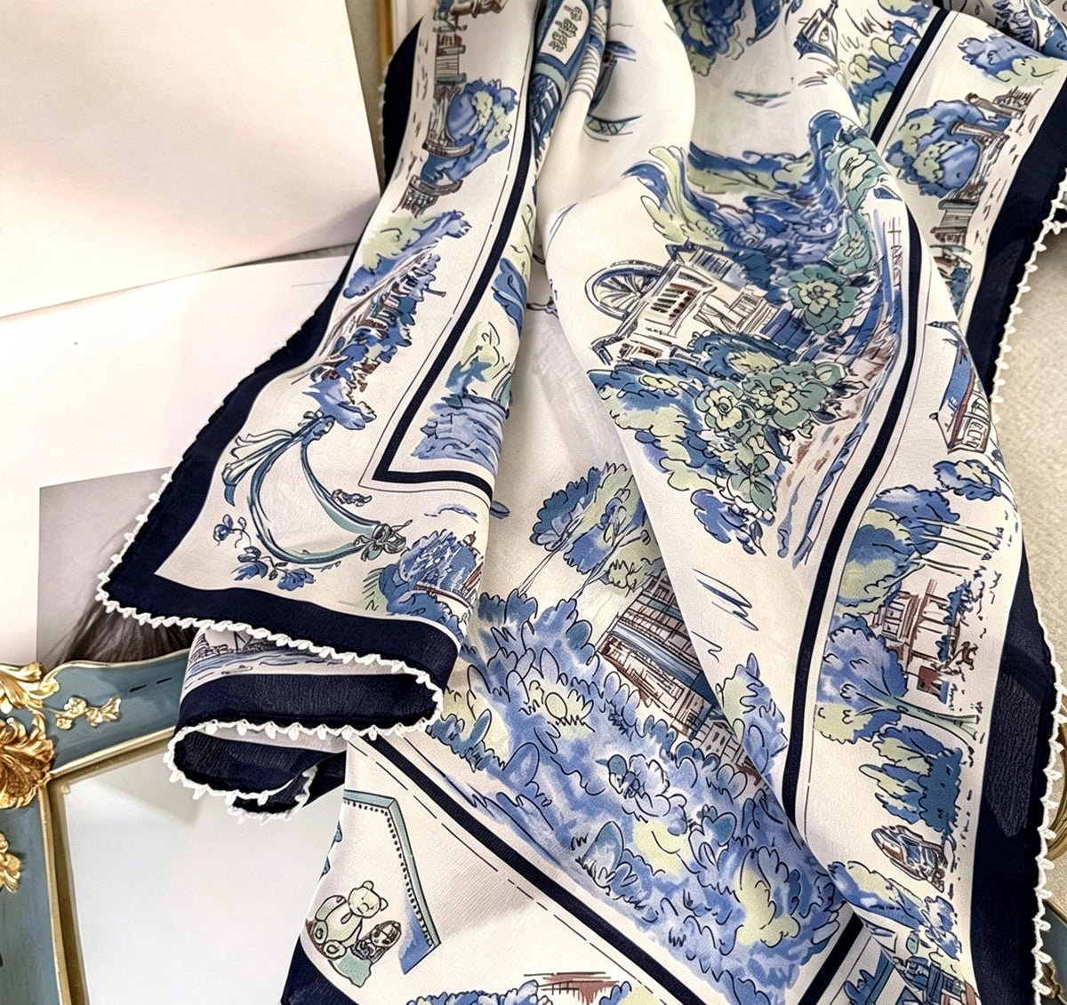 100% Mulberry Silk Scarf 26"x26" 65x65CM, Nautical Logbook Maritime Map Square Scarf, Hand Rolled Edge Crepe de Chine Neck Handkerchief Gift