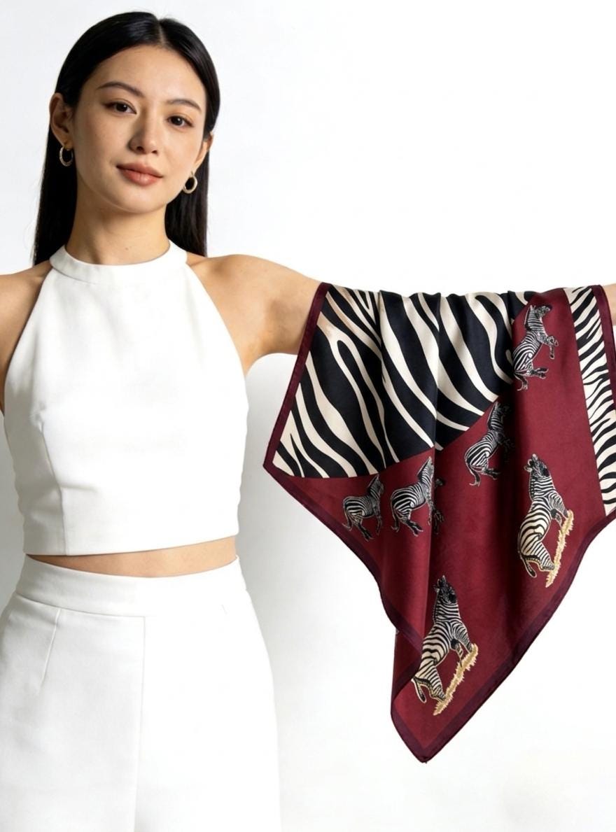 100% Mulberry Silk Scarf 28"x28" 70x70CM Cute Zebra Print Silk Scarf Spring Summer Neck Scarf Whimsical Hair Scarf Luxury Silk Shawl