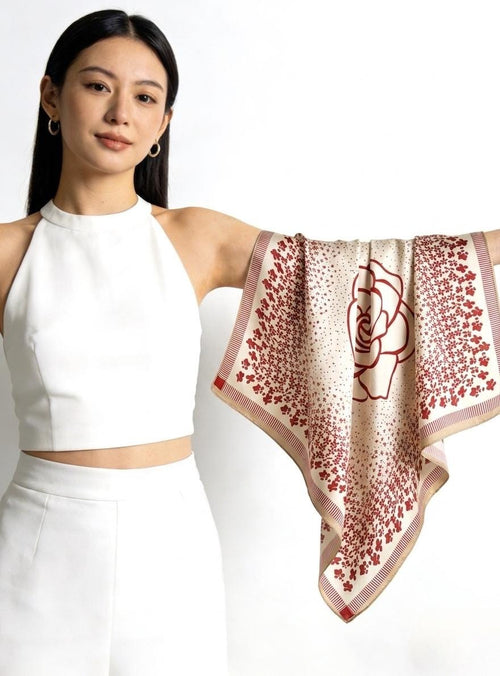 100% Mulberry Silk Scarf 25" 41" 65cm 105cm, Elegant Camellia Sheer Silk Neckerchief, Vintage Spring Summer Floral Shawl Hair Scarf Gift