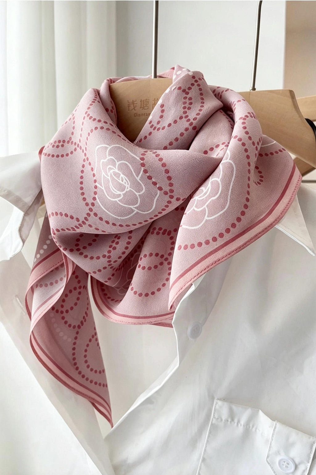 100% Mulberry Silk Scarf 26"x26" 65x65CM Gentle Pink Camellia Kerchief, Elegant Spring Summer Neck Scarf, Square Bandana Hair Wrap Gift