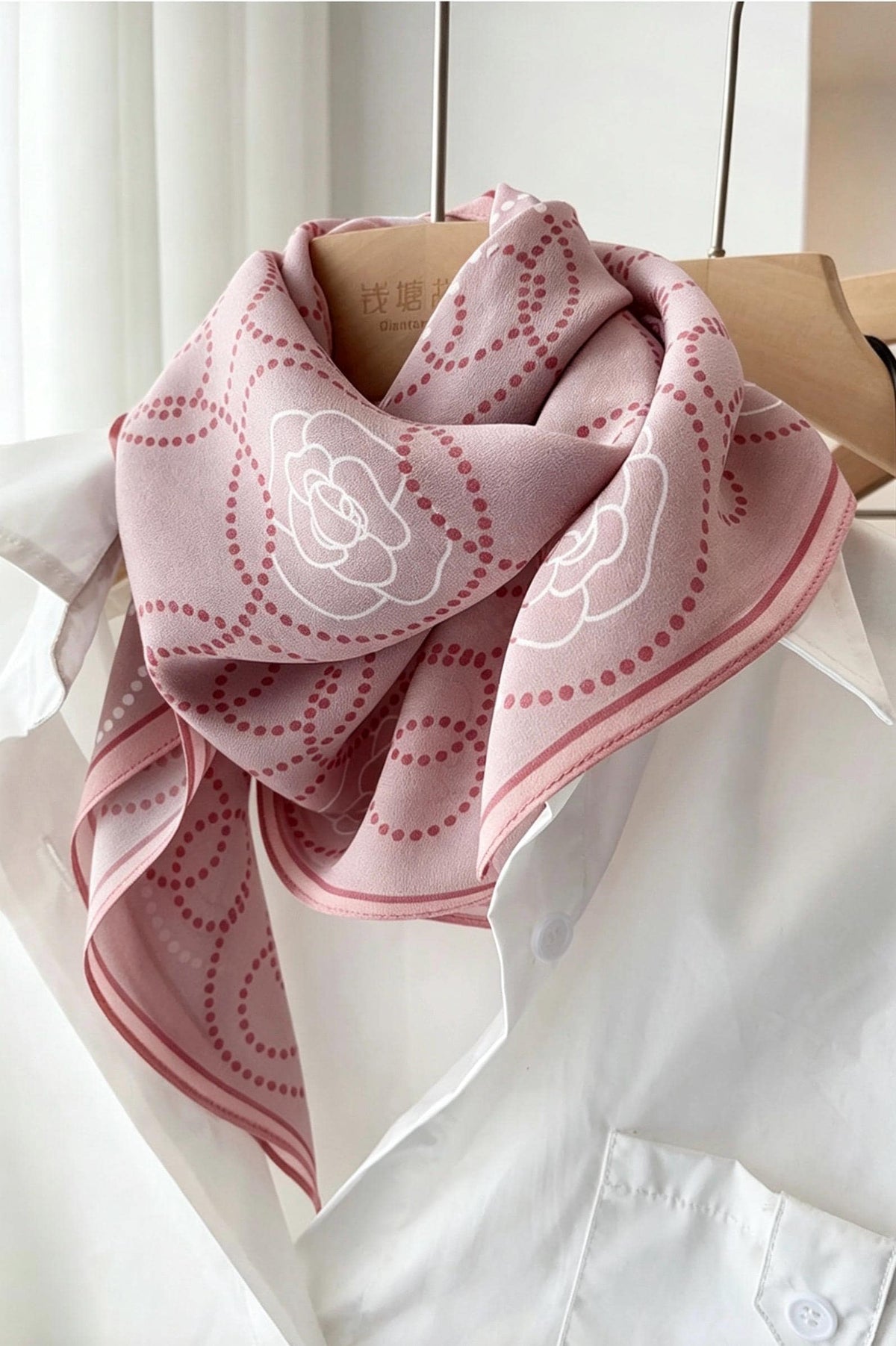 100% Mulberry Silk Scarf 26"x26" 65x65CM Gentle Pink Camellia Kerchief, Elegant Spring Summer Neck Scarf, Square Bandana Hair Wrap Gift