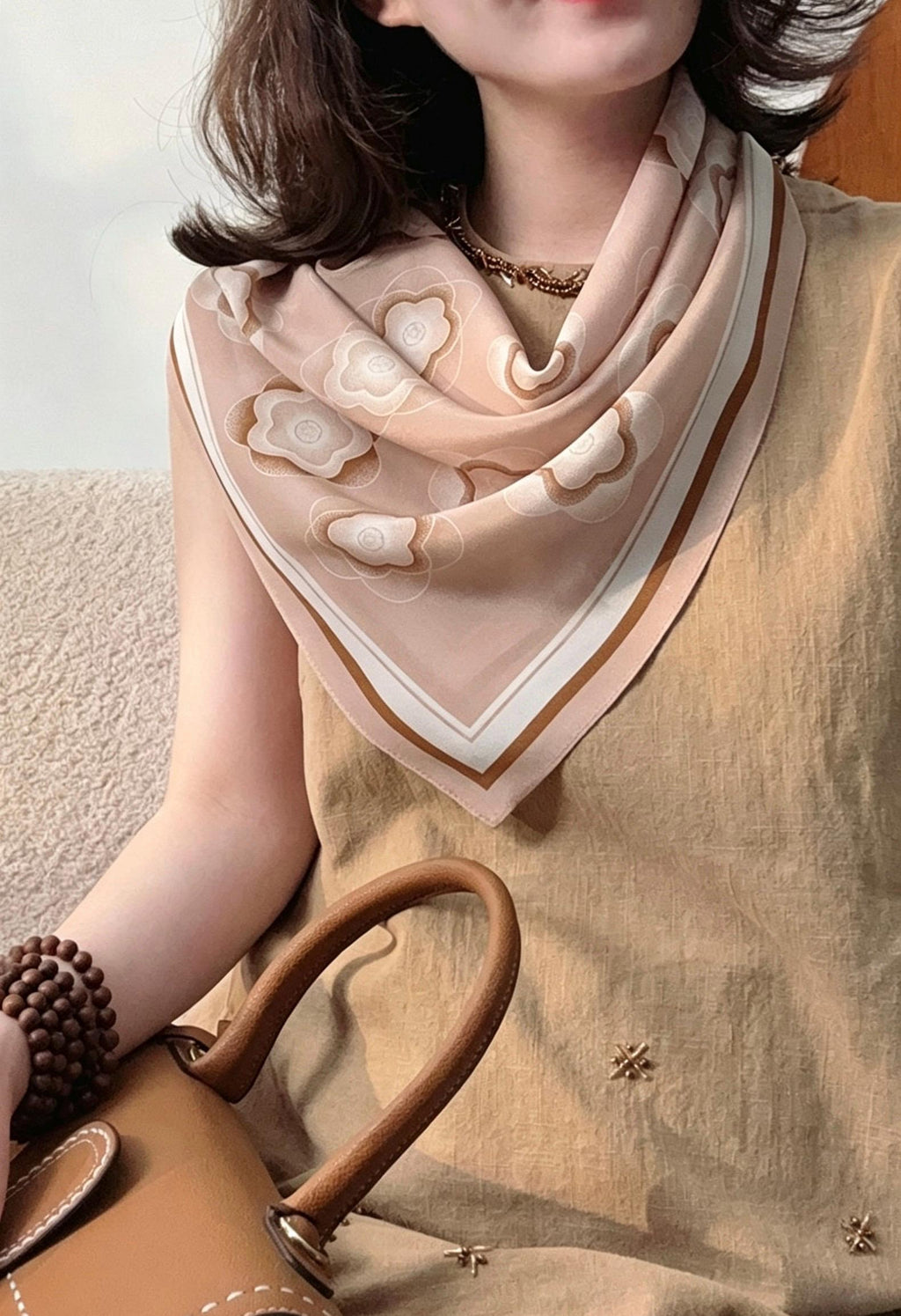 100% Mulberry Silk Scarf 26"x26" 65x65CM Cocoa Brown Crepe de Chine Scarf, Quiet Luxury Elegant Neck Tie, Multifunctional Bandana Gift
