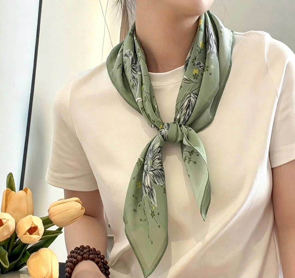 100% Mulberry Silk Scarf 26"x26" 65x65cm, Mint Green Floral Silk Square Hair Scarf, Summer Crepe de Chine Neck Scarf, Quiet Luxury Gift