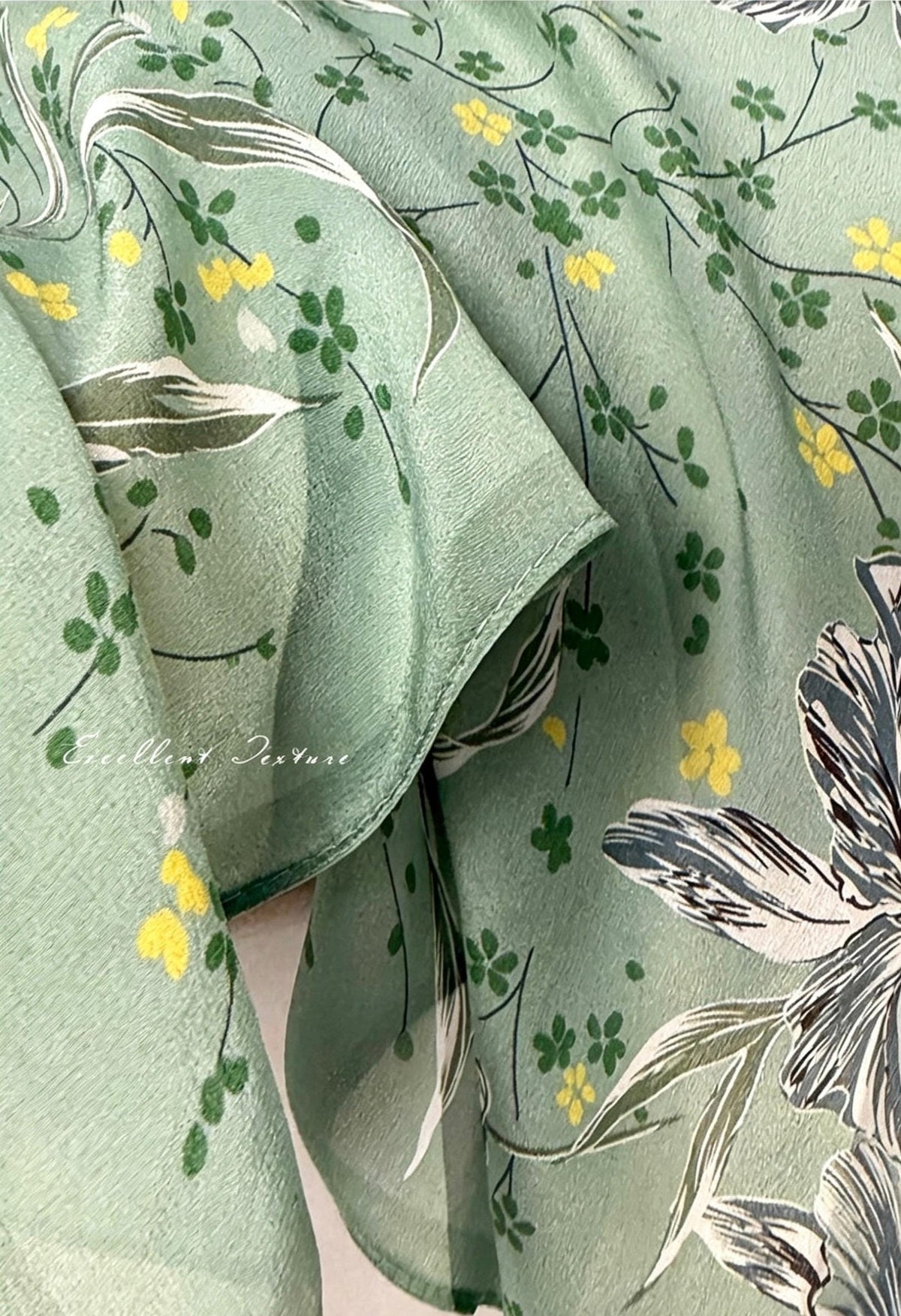 100% Mulberry Silk Scarf 26"x26" 65x65cm, Mint Green Floral Silk Square Hair Scarf, Summer Crepe de Chine Neck Scarf, Quiet Luxury Gift