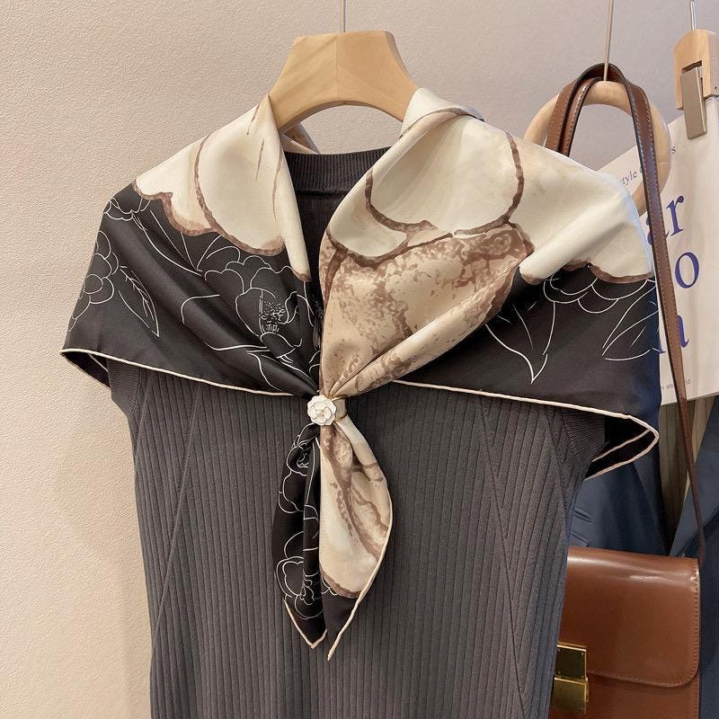 100% Mulberry Silk Scarf 35"x35" 90x90CM Camellia Flower Silk Twill Large Square Scarf, Luxury Shawl Hair Bandana Wrap, Gift for Her