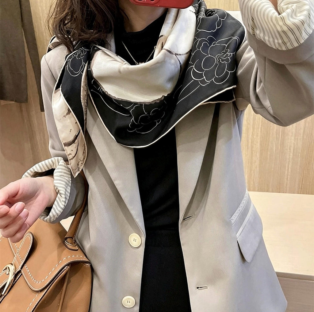 100% Mulberry Silk Scarf 35"x35" 90x90CM Camellia Flower Silk Twill Large Square Scarf, Luxury Shawl Hair Bandana Wrap, Gift for Her
