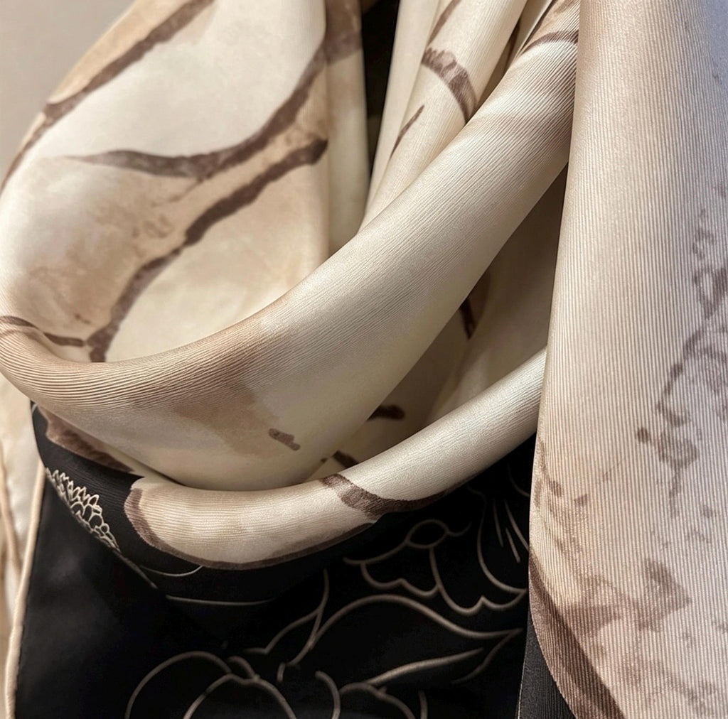 100% Mulberry Silk Scarf 35"x35" 90x90CM Camellia Flower Silk Twill Large Square Scarf, Luxury Shawl Hair Bandana Wrap, Gift for Her