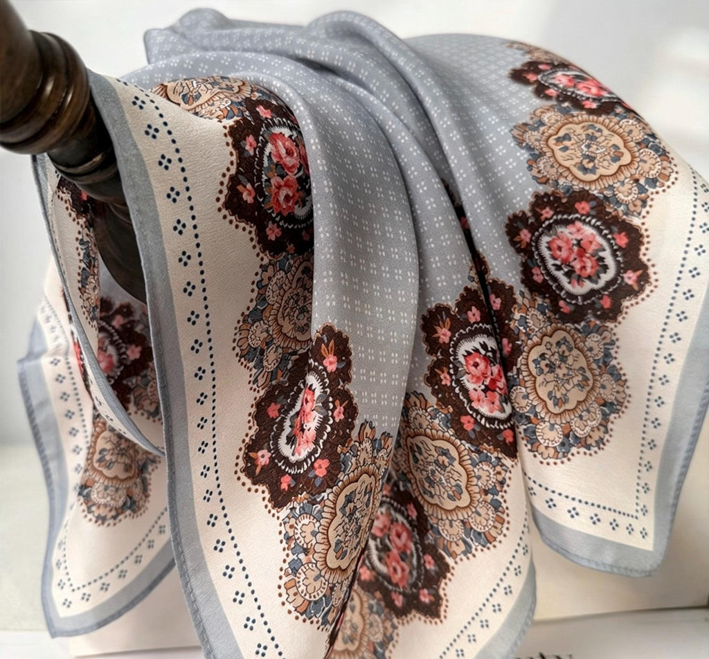 100% Mulberry Silk Scarf 26"x26" 65x65cm, French Countryside Blue Gray Silk Crepe De Chine Square Scarf for Women, Vintage Neck Head Scarf