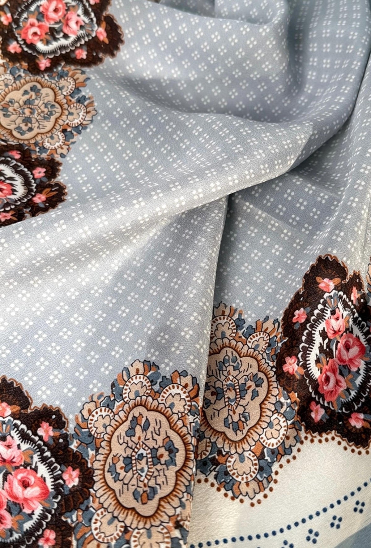 100% Mulberry Silk Scarf 26"x26" 65x65cm, French Countryside Blue Gray Silk Crepe De Chine Square Scarf for Women, Vintage Neck Head Scarf