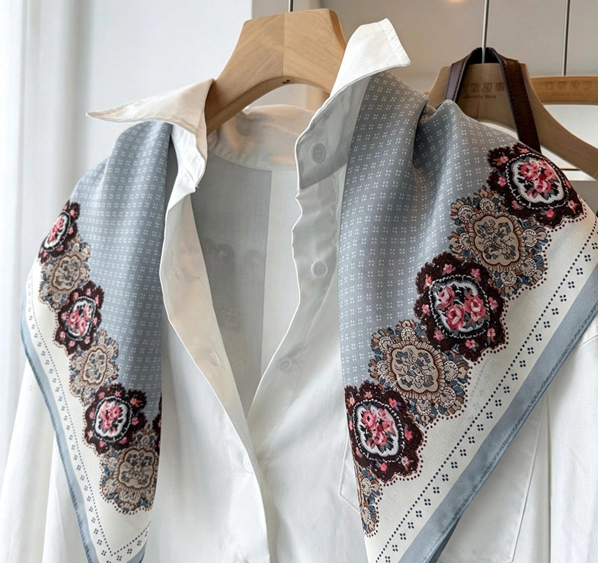 100% Mulberry Silk Scarf 26"x26" 65x65cm, French Countryside Blue Gray Silk Crepe De Chine Square Scarf for Women, Vintage Neck Head Scarf