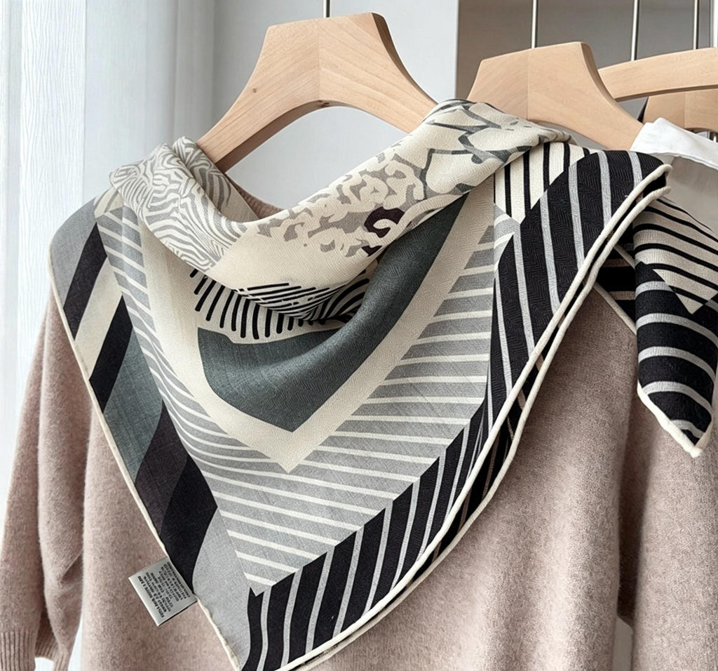 Silk Wool Scarf 26"x26" 65x65cm, Reversible Double Sided Square Neckerchief for Women, Retro Vintage Luxury Wool Silk Shawl, Time Space Gift