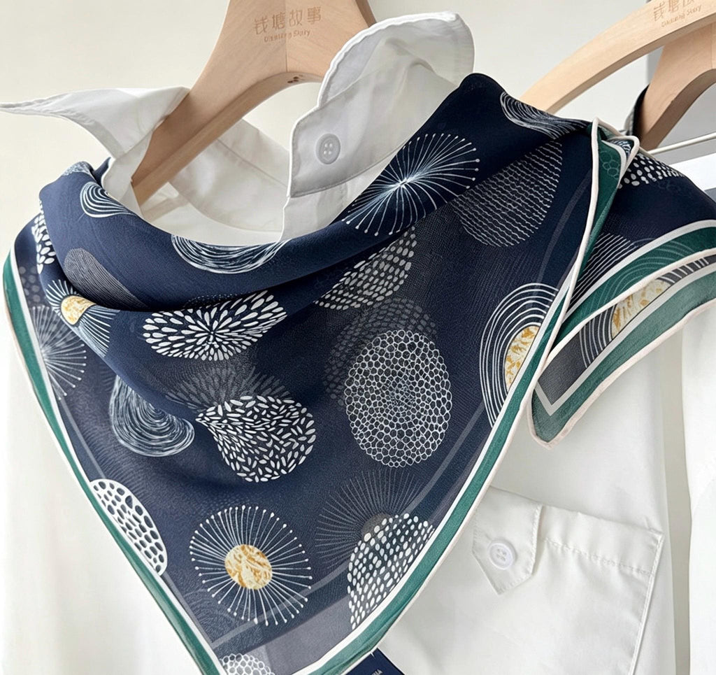 100% Mulberry Silk Scarf 26"x26" 65x65CM, Quiet Luxury Serene Blue Silk Georgette Square Scarf, Sheer Misty Blue Neckerchief
