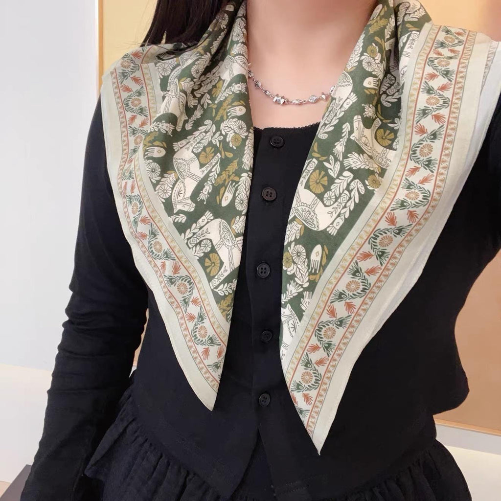 100% Mulberry Silk Scarf 26"x26" 65x65CM, Vintage Equestrian Pony Silk Crepe de Chine Square Scarf, Quiet Luxury Green Field Bandana