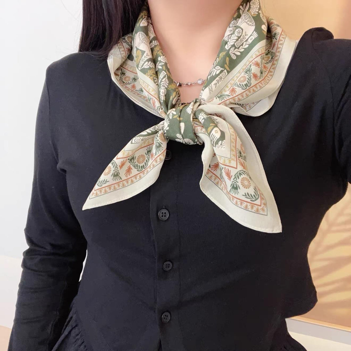 100% Mulberry Silk Scarf 26"x26" 65x65CM, Vintage Equestrian Pony Silk Crepe de Chine Square Scarf, Quiet Luxury Green Field Bandana