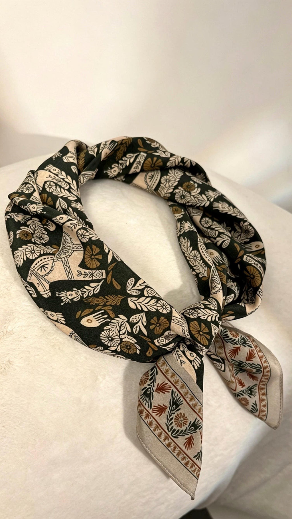100% Mulberry Silk Scarf 26"x26" 65x65CM, Vintage Equestrian Pony Silk Crepe de Chine Square Scarf, Quiet Luxury Green Field Bandana