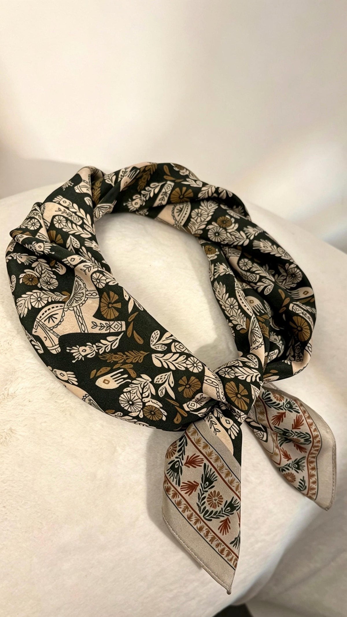 100% Mulberry Silk Scarf 26"x26" 65x65CM, Vintage Equestrian Pony Silk Crepe de Chine Square Scarf, Quiet Luxury Green Field Bandana