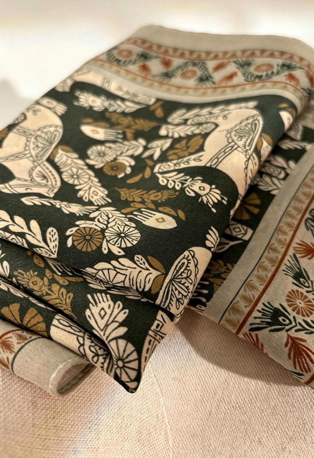 100% Mulberry Silk Scarf 26"x26" 65x65CM, Vintage Equestrian Pony Silk Crepe de Chine Square Scarf, Quiet Luxury Green Field Bandana