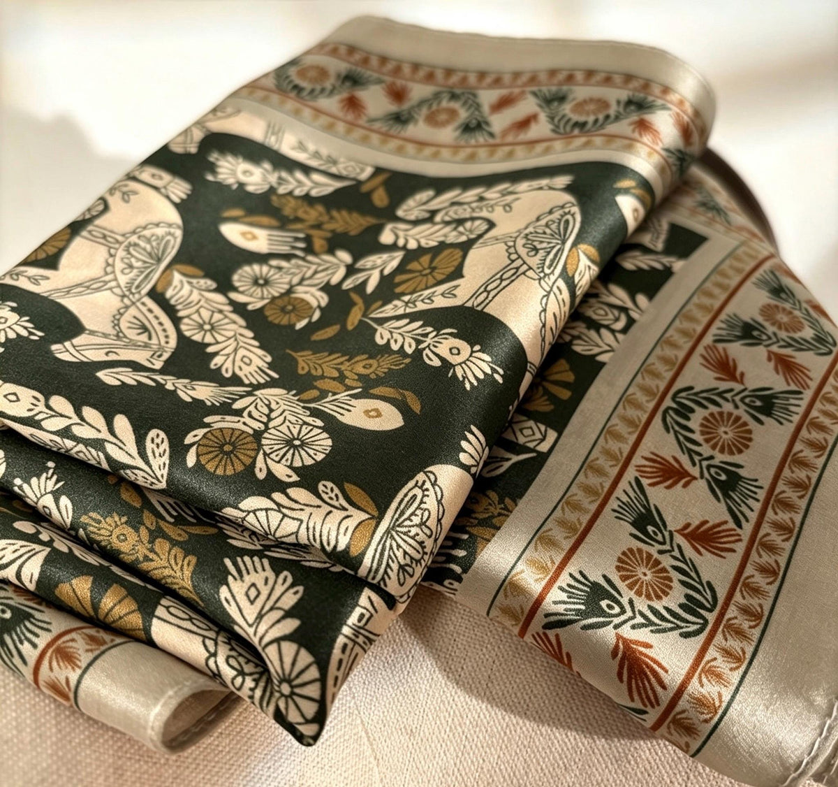 100% Mulberry Silk Scarf 26"x26" 65x65CM, Vintage Equestrian Pony Silk Crepe de Chine Square Scarf, Quiet Luxury Green Field Bandana