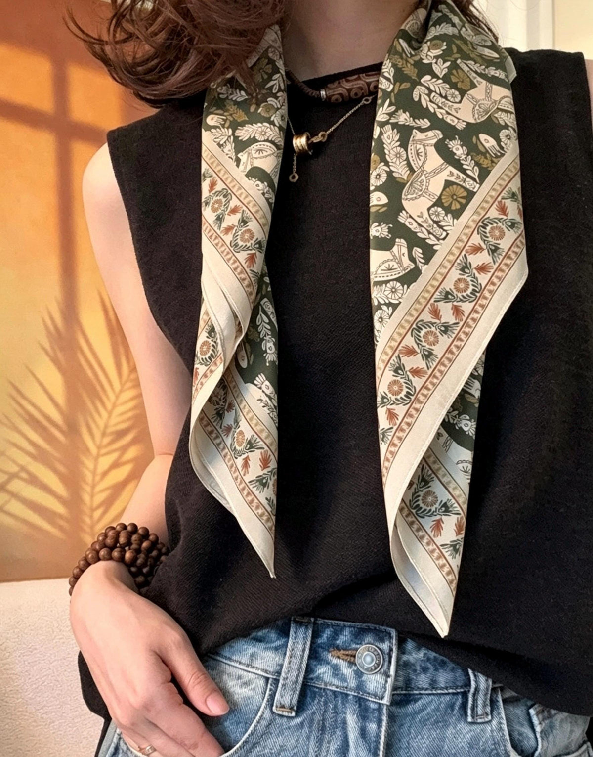 100% Mulberry Silk Scarf 26"x26" 65x65CM, Vintage Equestrian Pony Silk Crepe de Chine Square Scarf, Quiet Luxury Green Field Bandana