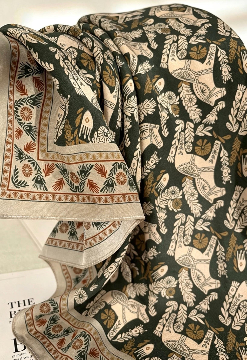 100% Mulberry Silk Scarf 26"x26" 65x65CM, Vintage Equestrian Pony Silk Crepe de Chine Square Scarf, Quiet Luxury Green Field Bandana