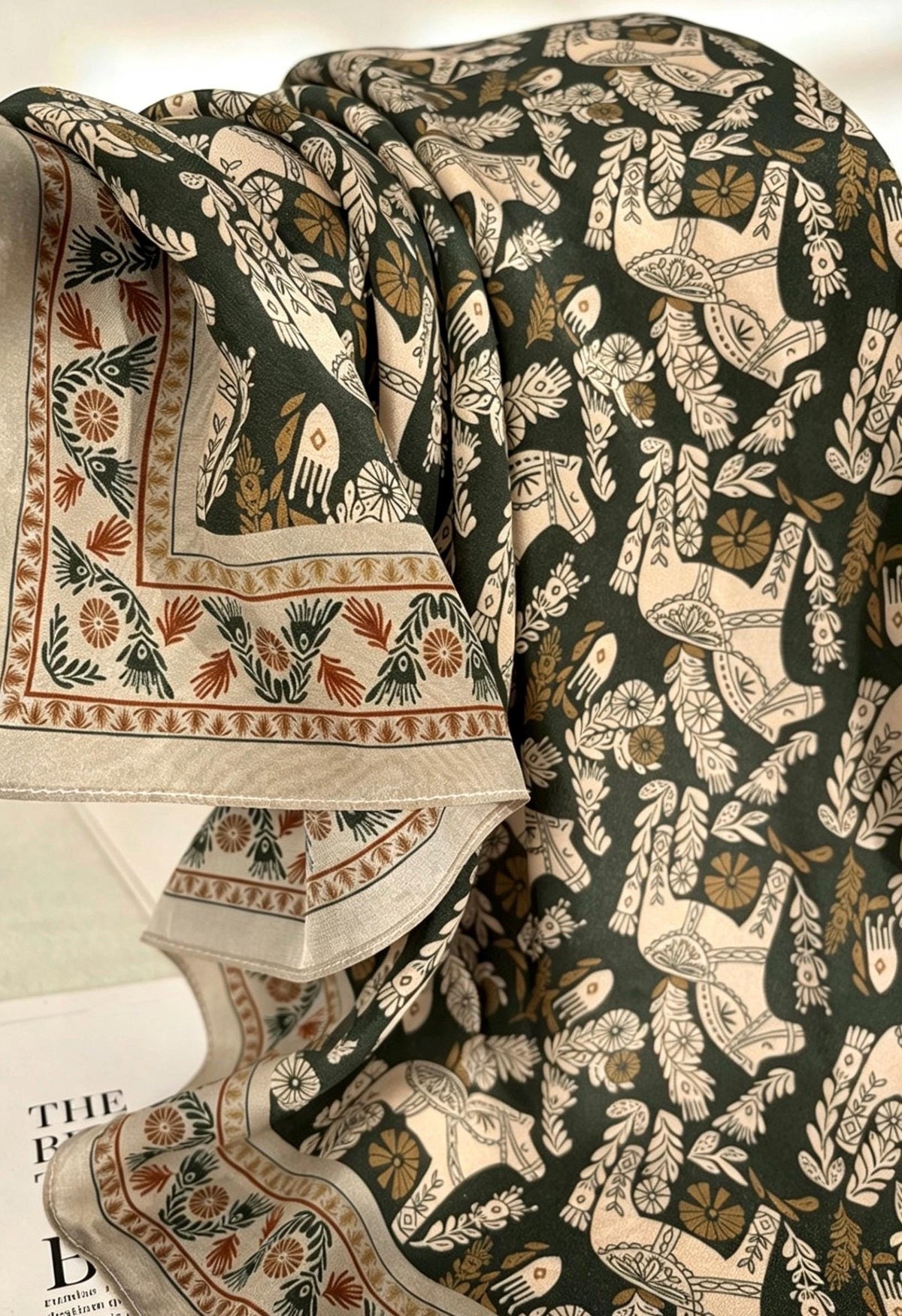 100% Mulberry Silk Scarf 26"x26" 65x65CM, Vintage Equestrian Pony Silk Crepe de Chine Square Scarf, Quiet Luxury Green Field Bandana