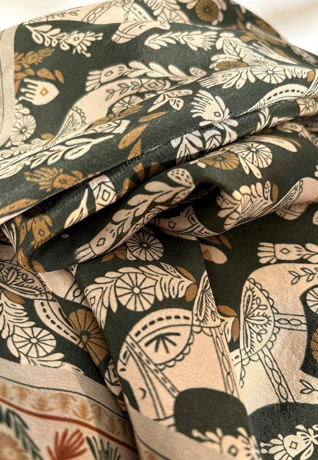 100% Mulberry Silk Scarf 26"x26" 65x65CM, Vintage Equestrian Pony Silk Crepe de Chine Square Scarf, Quiet Luxury Green Field Bandana