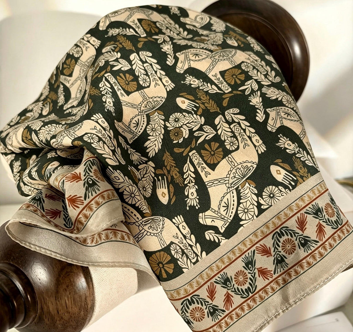 100% Mulberry Silk Scarf 26"x26" 65x65CM, Vintage Equestrian Pony Silk Crepe de Chine Square Scarf, Quiet Luxury Green Field Bandana