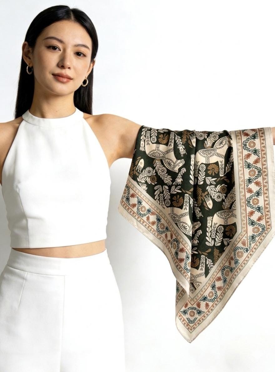 100% Mulberry Silk Scarf 26"x26" 65x65CM, Vintage Equestrian Pony Silk Crepe de Chine Square Scarf, Quiet Luxury Green Field Bandana