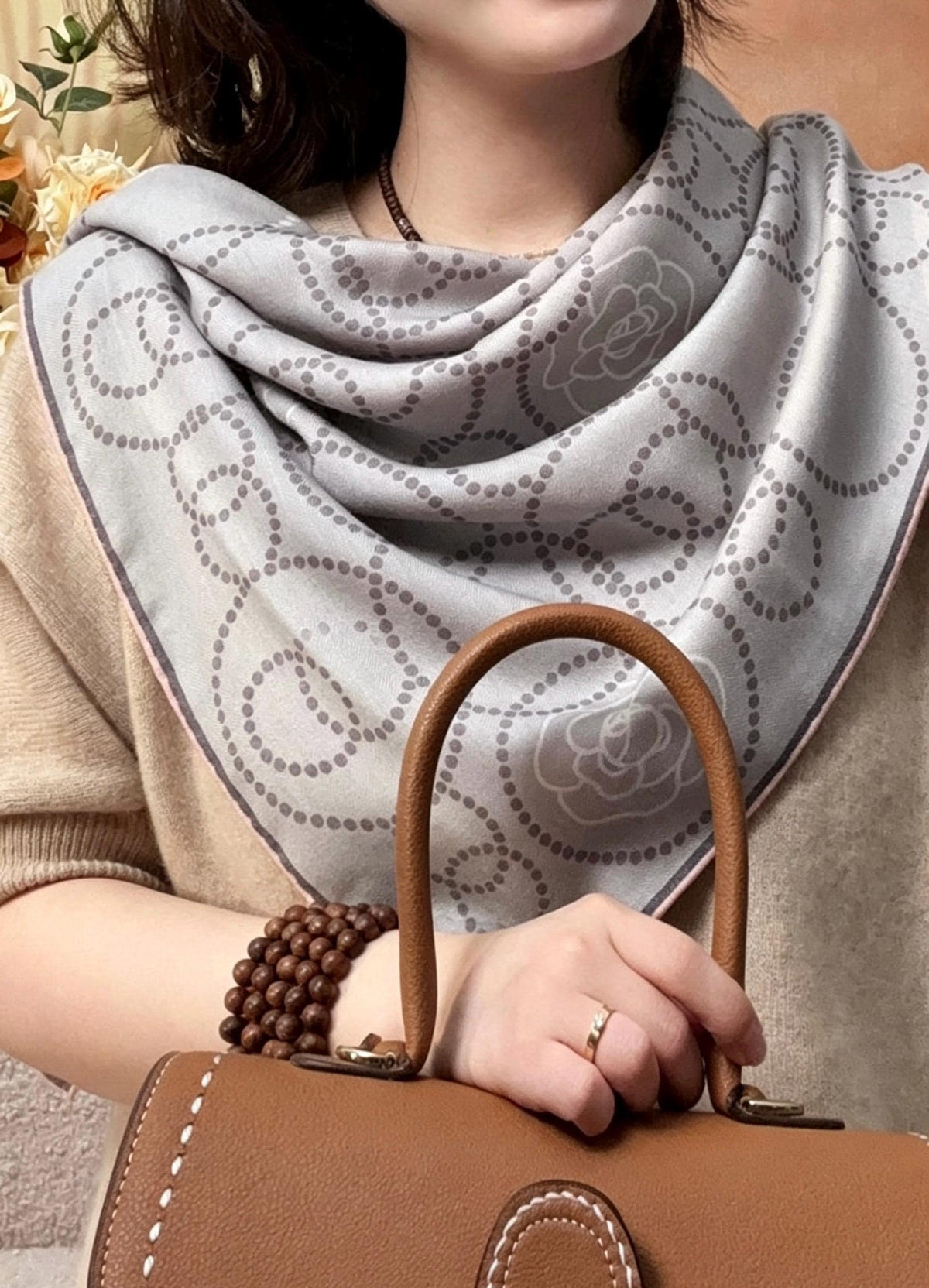 100% Mulberry Silk Scarf 35"x35" 88x88cm, Pink Camellia Silk Wool Blend Square Shawl, Luxury Double Sided Winter Wrap