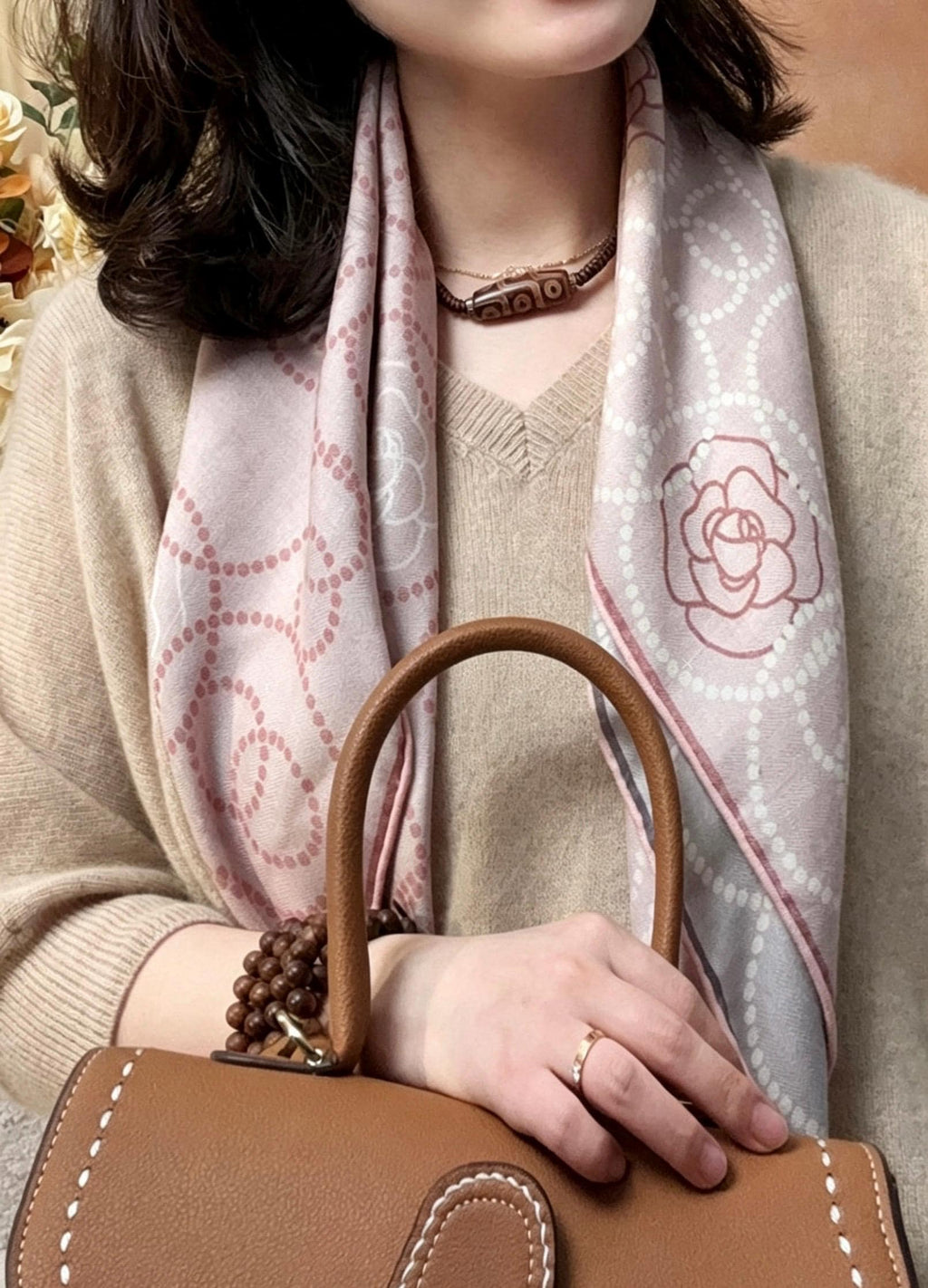 100% Mulberry Silk Scarf 35"x35" 88x88cm, Pink Camellia Silk Wool Blend Square Shawl, Luxury Double Sided Winter Wrap