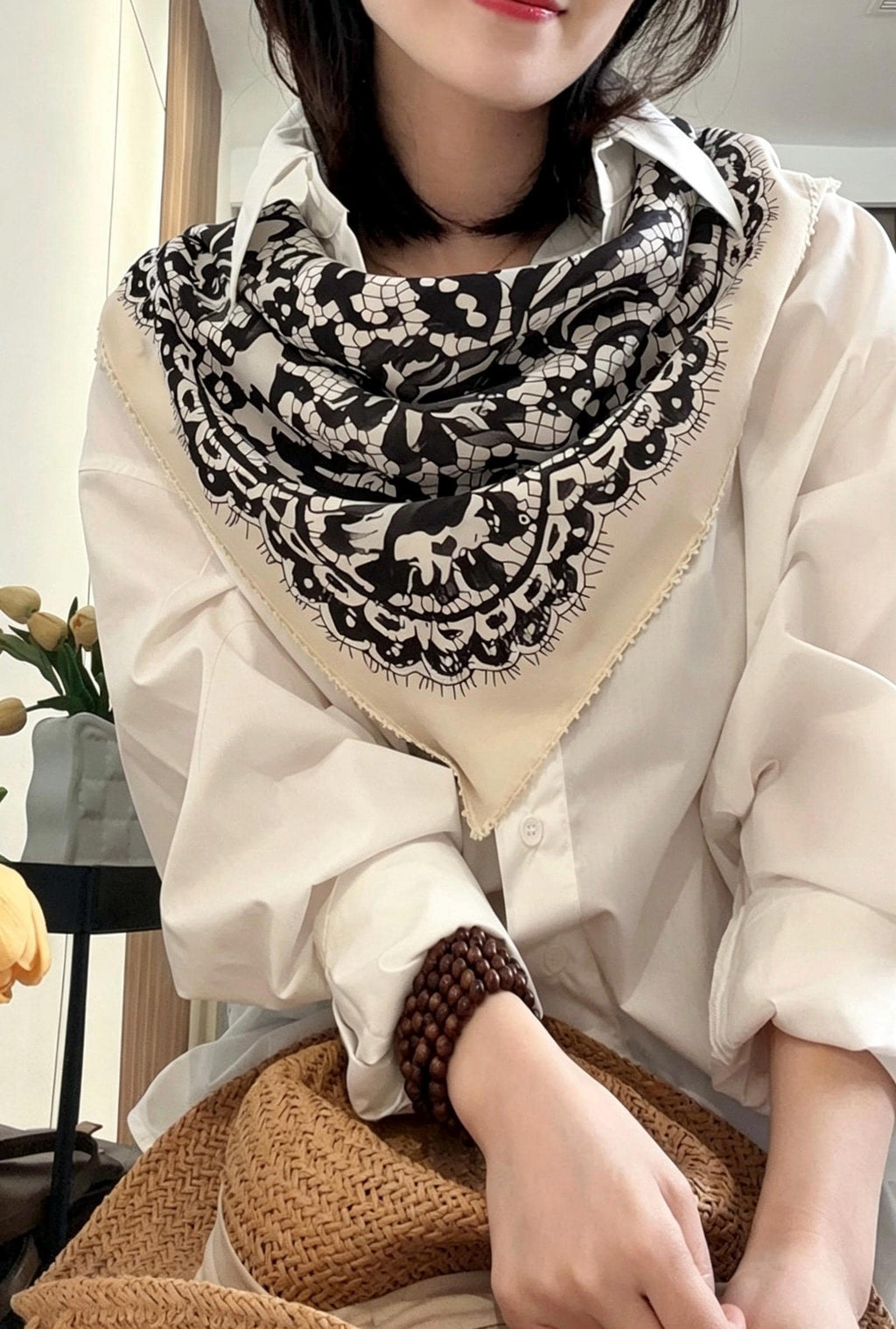 100% Mulberry Silk Scarf 26"x26" 65x65CM, Starry Sky Lace Print Silk Crepe Scarf, French Chic Neckerchief, Small Square Hair Scarf Gift