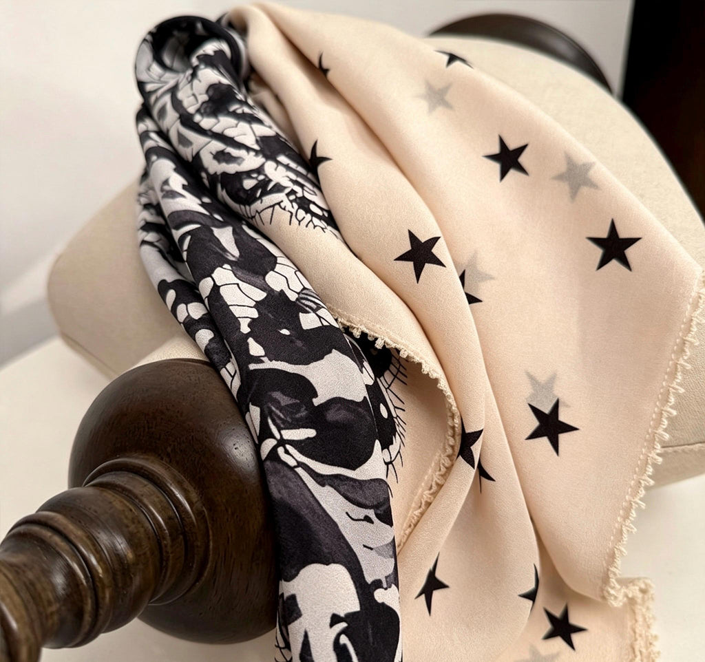 100% Mulberry Silk Scarf 26"x26" 65x65CM, Starry Sky Lace Print Silk Crepe Scarf, French Chic Neckerchief, Small Square Hair Scarf Gift