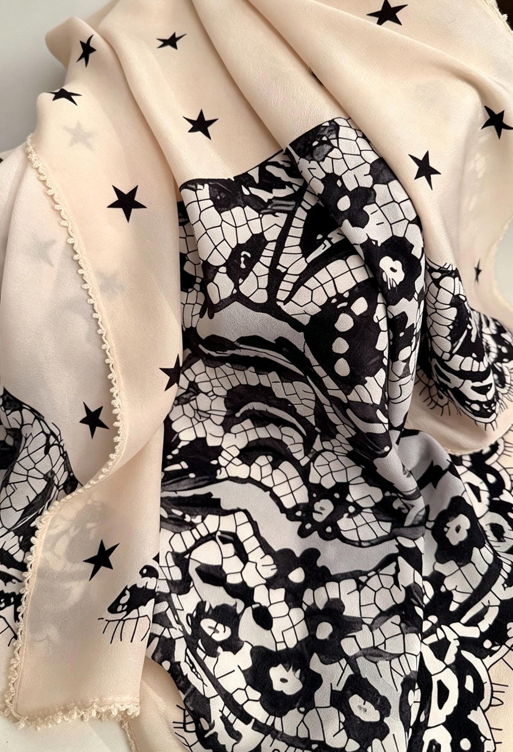 100% Mulberry Silk Scarf 26"x26" 65x65CM, Starry Sky Lace Print Silk Crepe Scarf, French Chic Neckerchief, Small Square Hair Scarf Gift