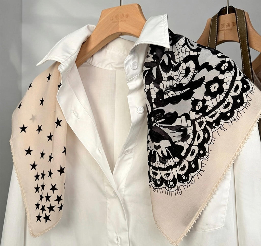 100% Mulberry Silk Scarf 26"x26" 65x65CM, Starry Sky Lace Print Silk Crepe Scarf, French Chic Neckerchief, Small Square Hair Scarf Gift