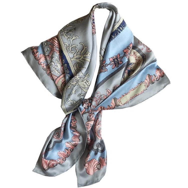 100% Mulberry Silk Scarf 43"x43" 110x110CM, Vintage Equestrian Knight Silk Shawl, Luxury Haze Blue Silk Satin Square, Gift for Her