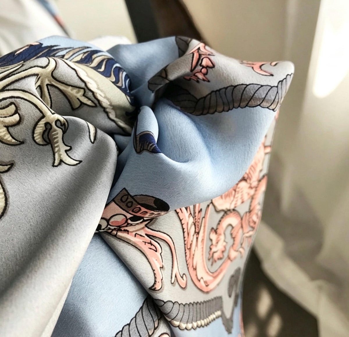 100% Mulberry Silk Scarf 43"x43" 110x110CM, Vintage Equestrian Knight Silk Shawl, Luxury Haze Blue Silk Satin Square, Gift for Her