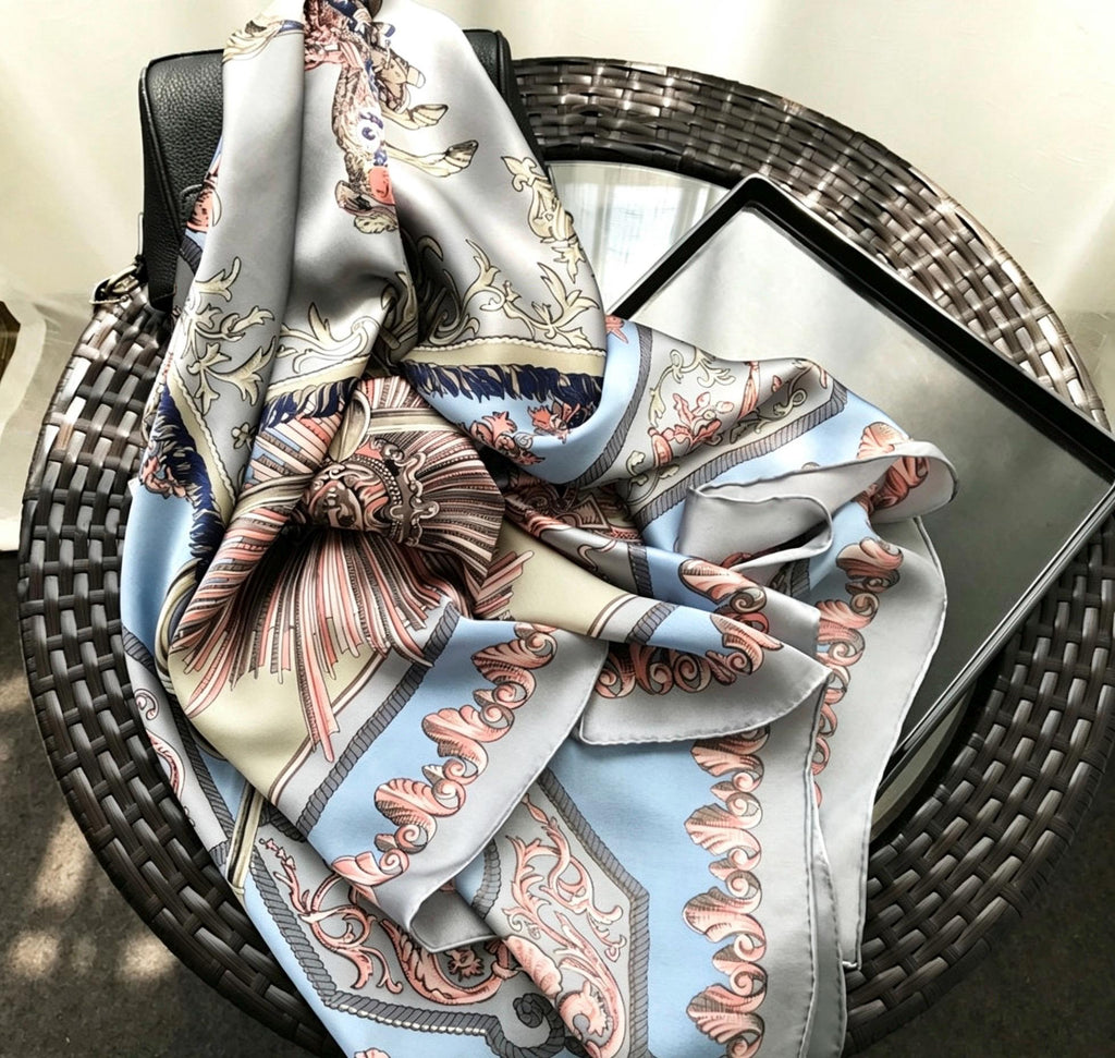 100% Mulberry Silk Scarf 43"x43" 110x110CM, Vintage Equestrian Knight Silk Shawl, Luxury Haze Blue Silk Satin Square, Gift for Her