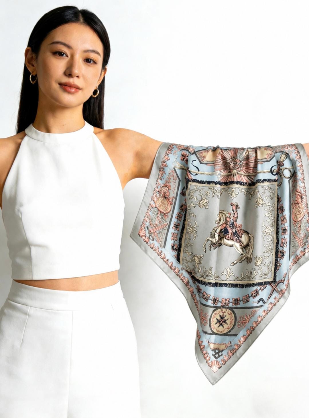 100% Mulberry Silk Scarf 43"x43" 110x110CM, Vintage Equestrian Knight Silk Shawl, Luxury Haze Blue Silk Satin Square, Gift for Her